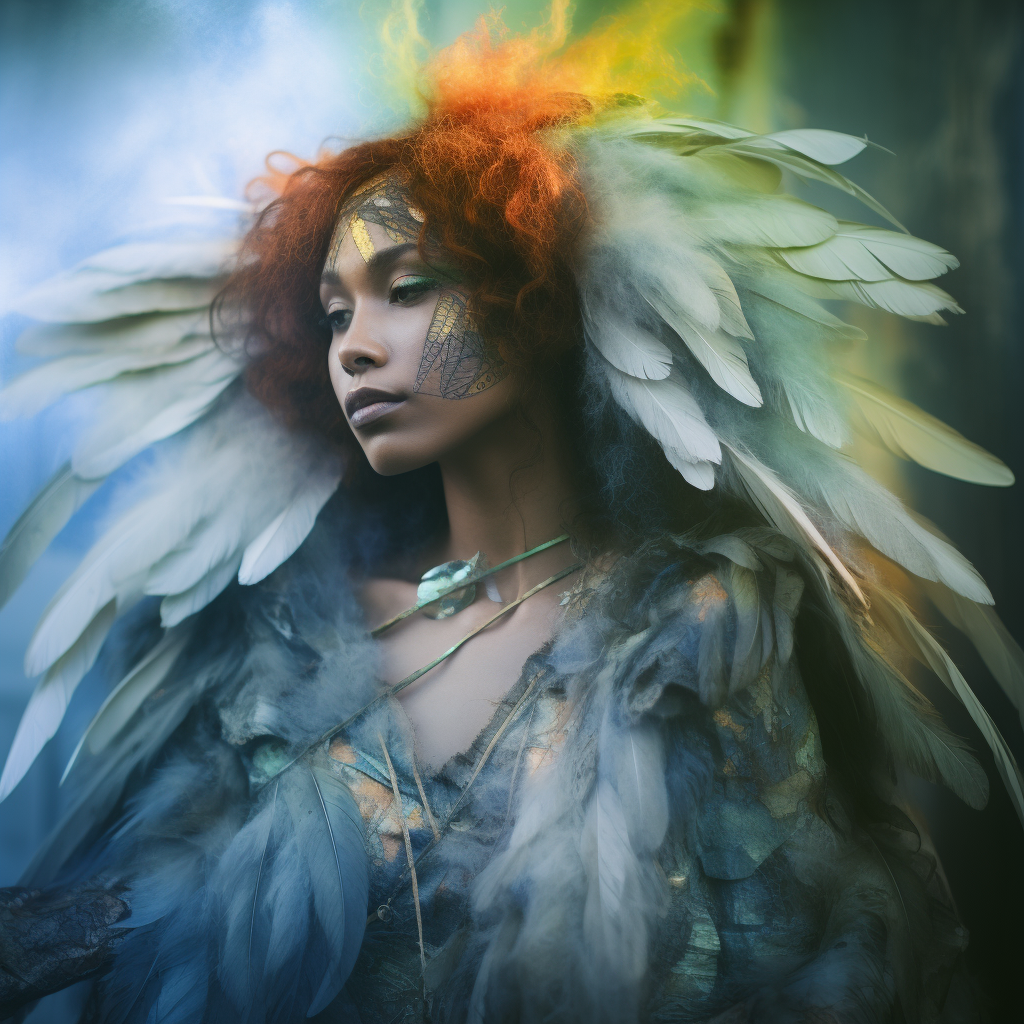 Photograph, art photograph, waist - up portrait with high detail and saturated colors of a realistic superhumanlike angel but instead of white they are the colors of earth and soil, moss, rust, and the bluest sky, their feathers ruffled and dusty with the iridescent joy of life and being part of nature. we and the light that illuminates the shot both see them from a slight angle above and facing them, and they are looking down, their arms crossed and held high in front of their foreheads, their wings only slightly unfurled. their skin is a dusky darker purple that moves from their neck to their foreheads in a gradient, growing lighter and greener as it rises. diffused light, naturally - lit white background. their ears are pointed, but in an intricate way, as if their tips are fading into the lace of a cicada’s wing, and their eyes are black and brown, with streaks of earth and soil, moss, rust, and the bluest sky.