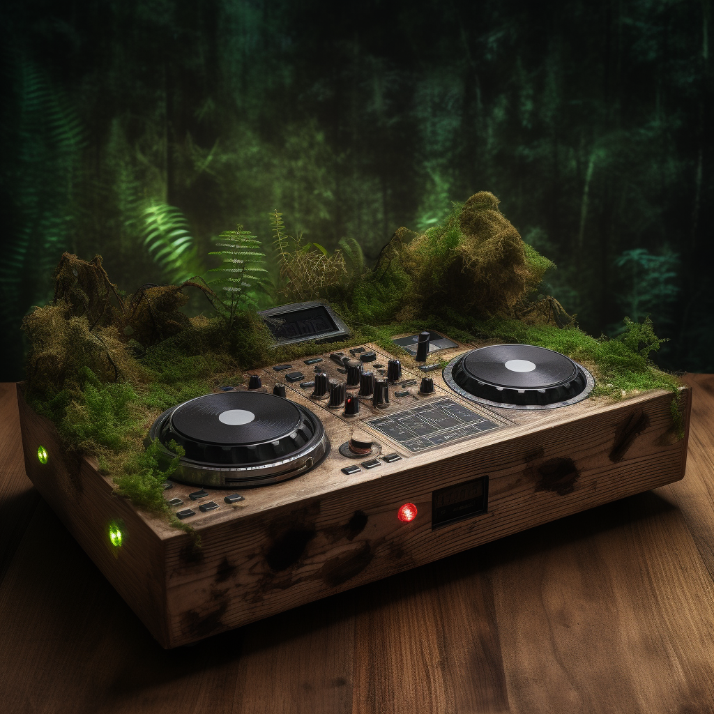 a DJ controller that looks rugged, looks like it's made out of the forest and has grown together organically, moss and wood, glimmer, mystical surroundings and sparkles in the air, hyper realistic, ultradetailed