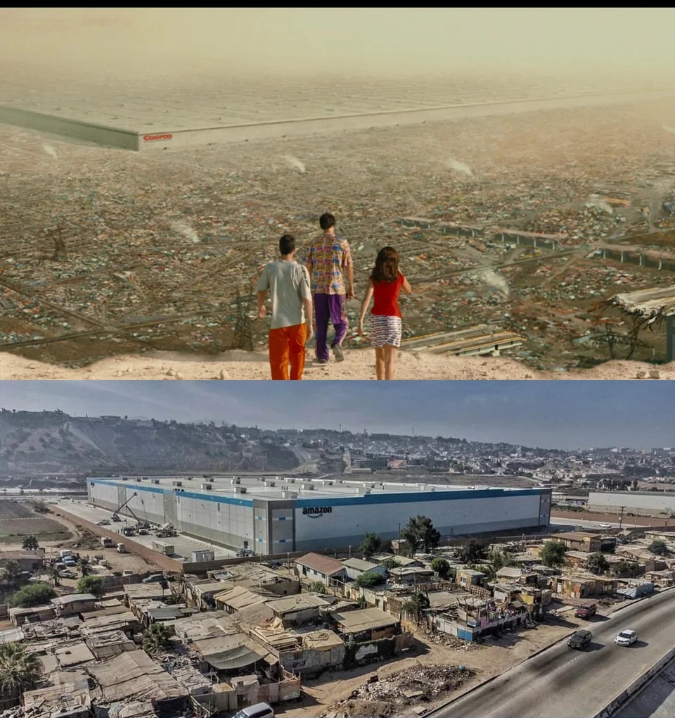 A comparison image of the giant Costco in the film Idiocracy and the Amazon warehouse in Tijuana